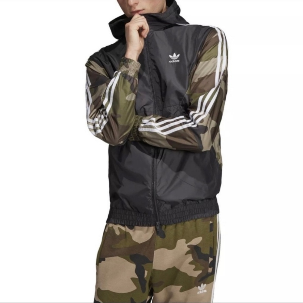 Adidas Jacket Windbreaker Camo Hoodie Zip Up Athleisure Sporty Black Small